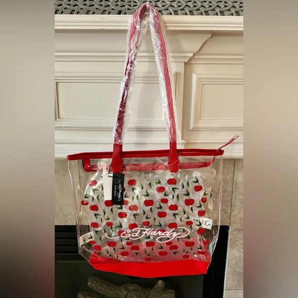 Ed Hardy Handbags - NWT Ed Hardy Y2K Brand PVC Clear Large Two Sided Cherry Print Tote